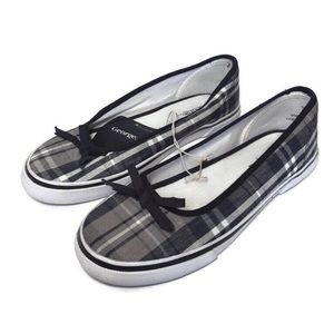 GEORGE Plaid Flat Sneakers Ribbon Bow Black Gray Shoes sz 6